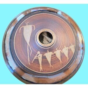 Vintage Marsha Franklin Tribal Artisan Pottery Oil Lamp Petroglyphs Signed
